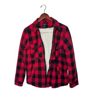 Cabin Core Flannel Jacket Women L Red Black Buffalo Plaid Sherpa Lined Zip Up